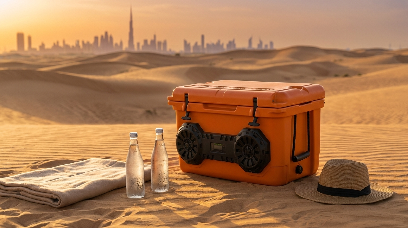 NooMii ArcticBeat 45 – 45L Bluetooth cooler on a UAE desert dune at sunset