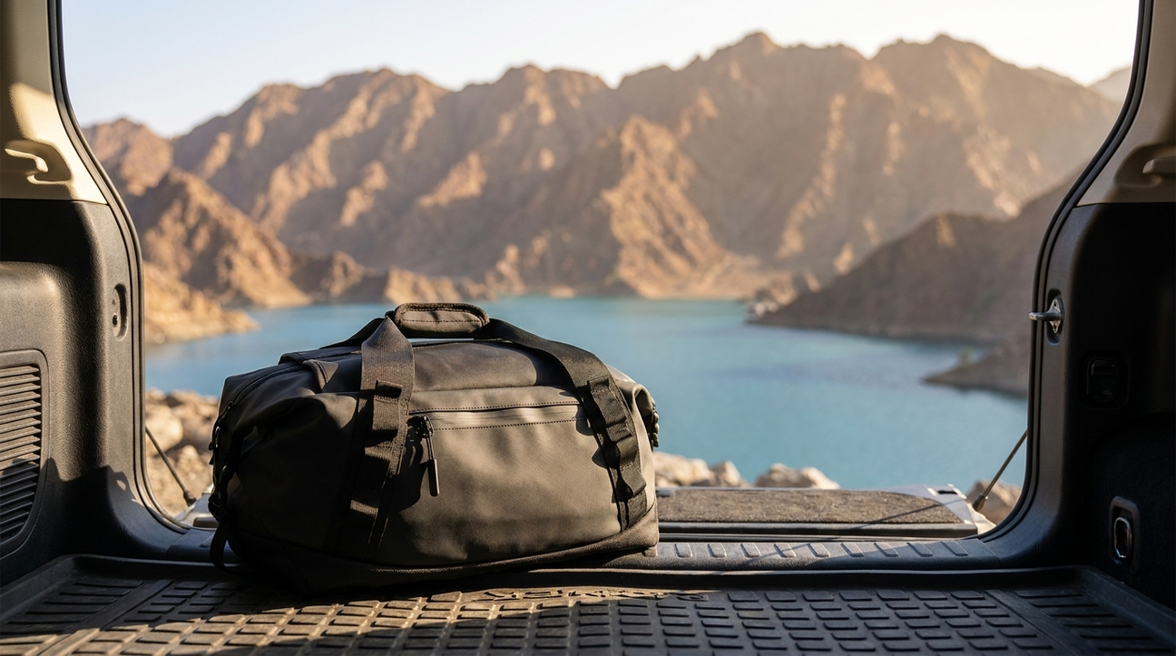 NooMii 2-in-1 gym bag in an SUV boot at the Hatta mountains