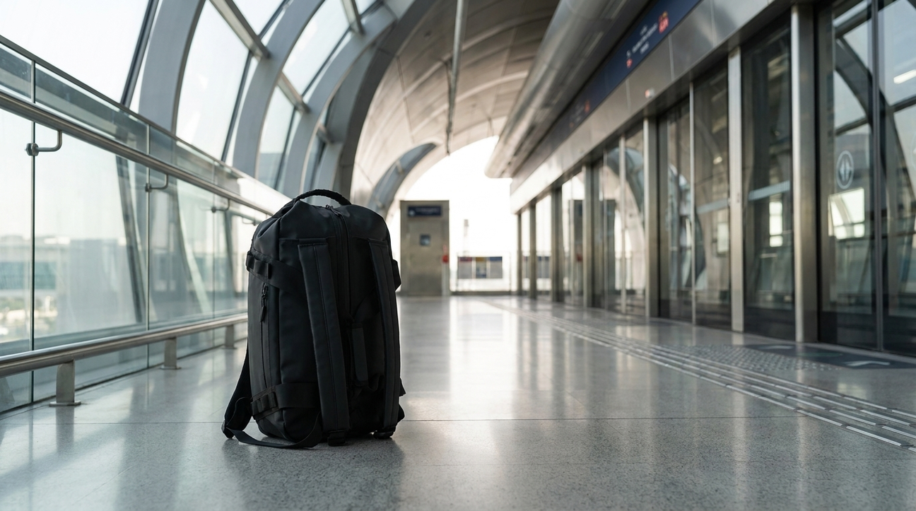 NooMii 2-in-1 gym bag in backpack mode on a Dubai Metro platform