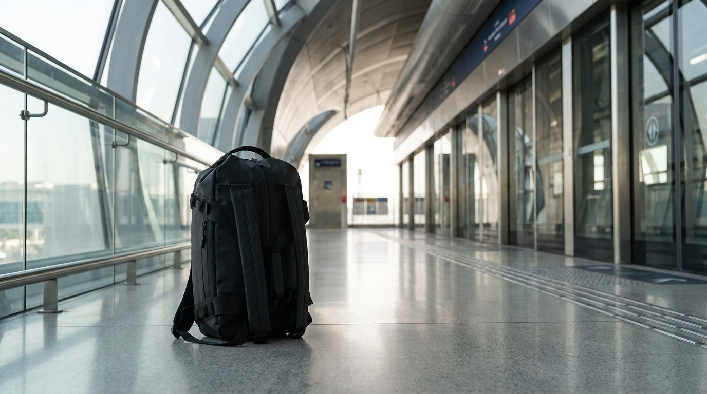 NooMii 2-in-1 gym bag in backpack mode on a Dubai Metro platform