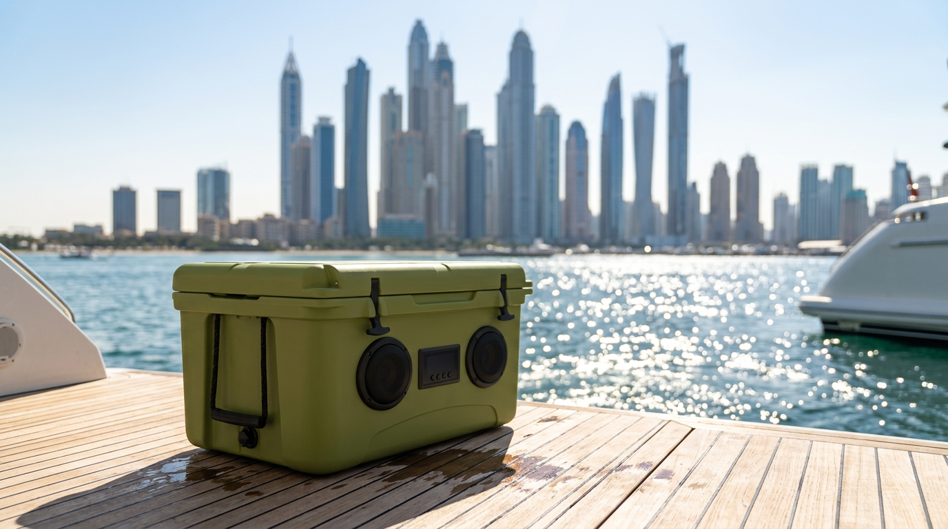 NooMii ColdBeats 65 cooler on a yacht deck at Dubai Marina