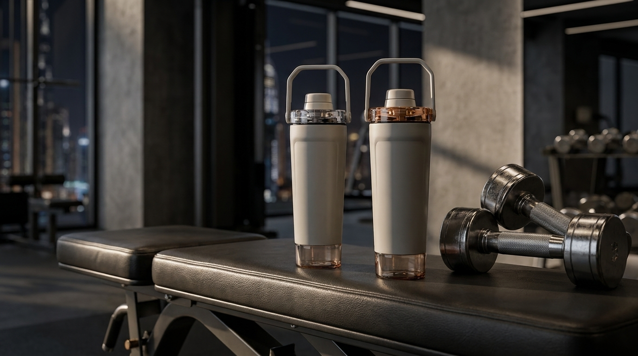 NooMii ProShake 600 insulated shaker on a Dubai gym bench