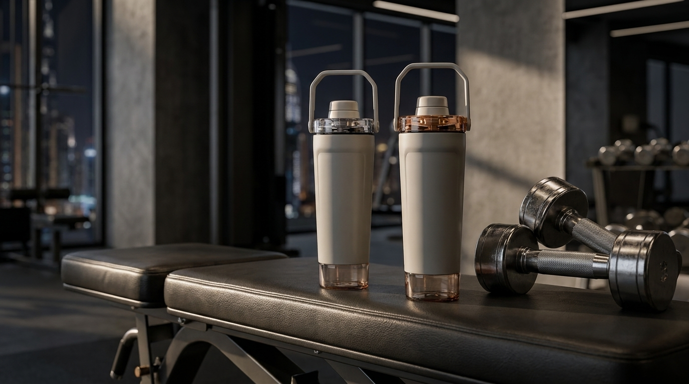 NooMii ProShake 600 insulated shaker on a Dubai gym bench