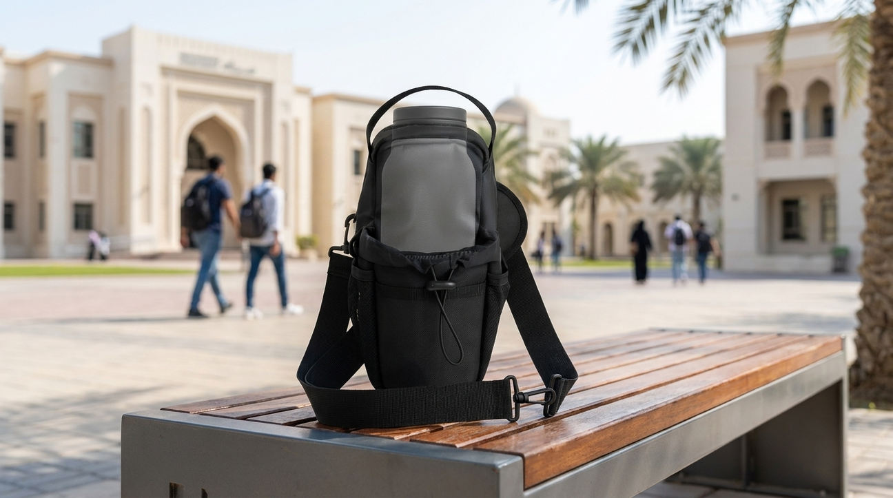 NooMii compact gym bag on a Sharjah university campus bench