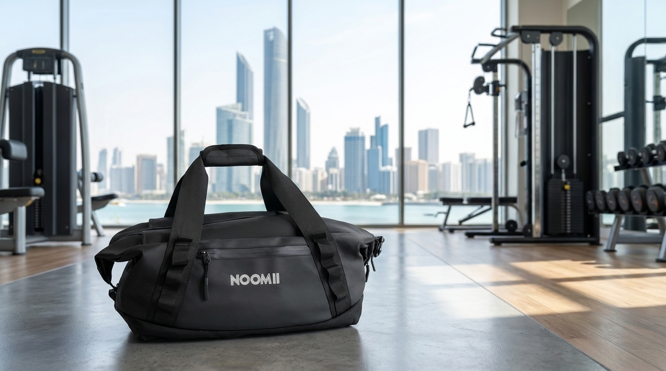 NooMii 2-in-1 gym bag in a modern Abu Dhabi gym
