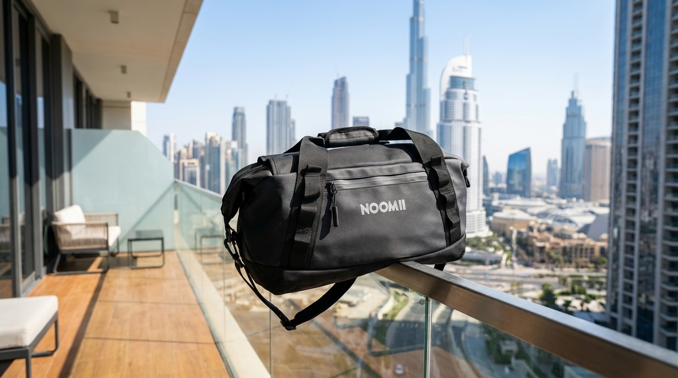 NooMii 2-in-1 gym bag airing on a Dubai balcony