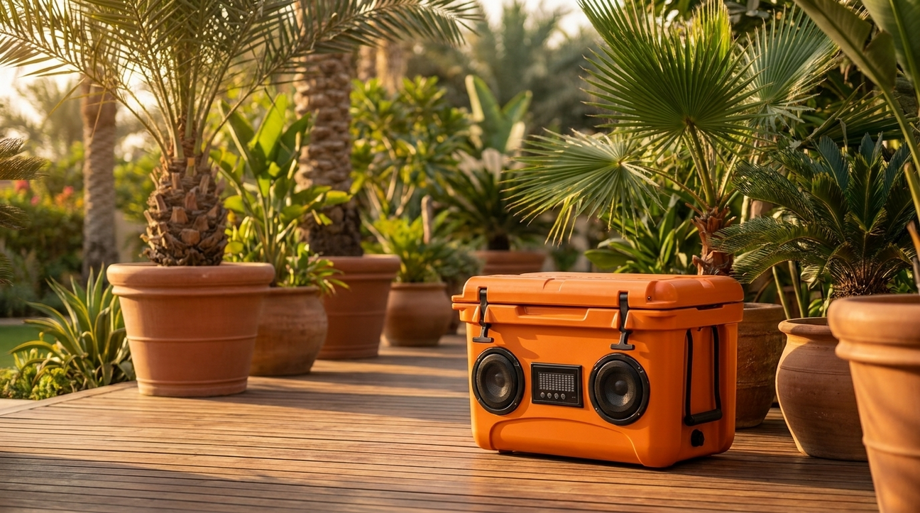 NooMii ColdBeats 35 cooler on a UAE garden deck