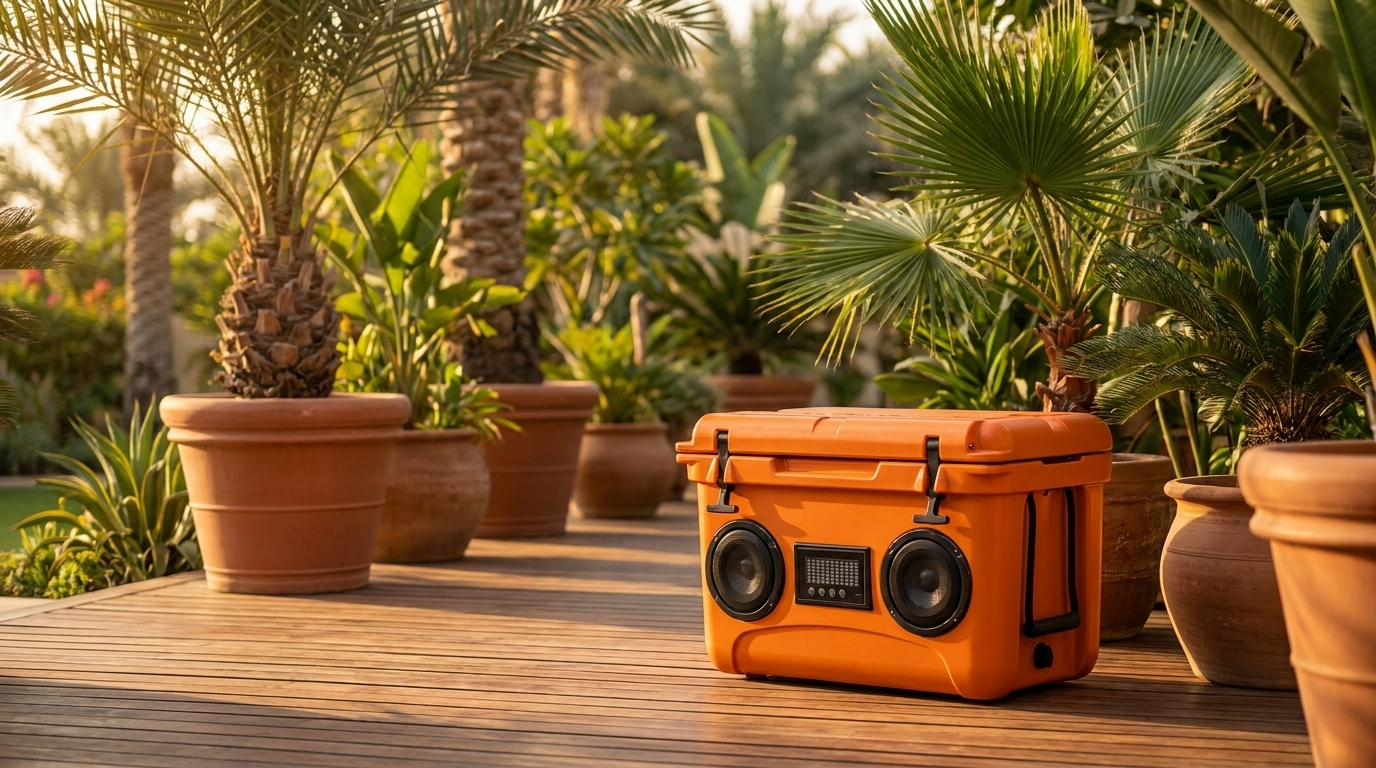 NooMii ColdBeats 35 cooler on a UAE garden deck