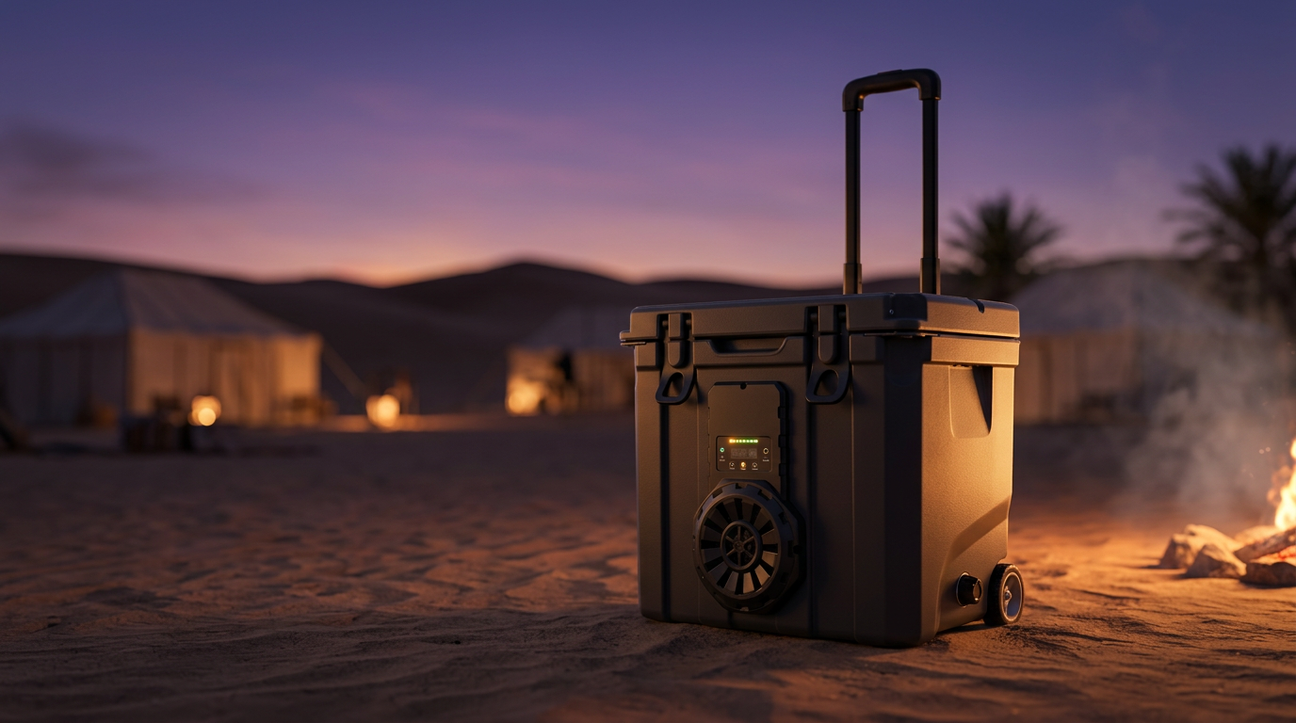 NooMii BeatRoller 35 wheeled cooler at a desert camp