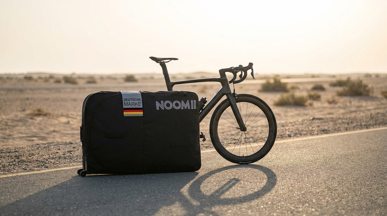 NooMii wheeled bike travel bag at the Al Qudra cycling track