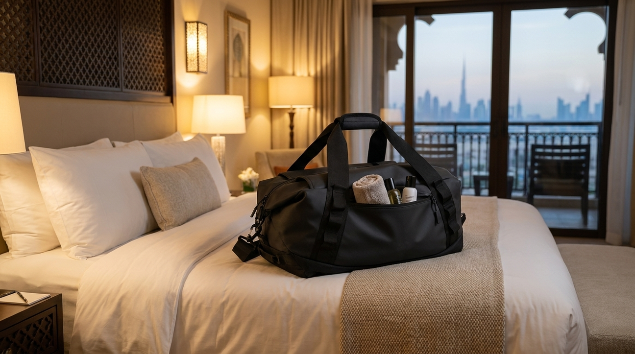 NooMii 2-in-1 gym bag on a Dubai resort hotel bed