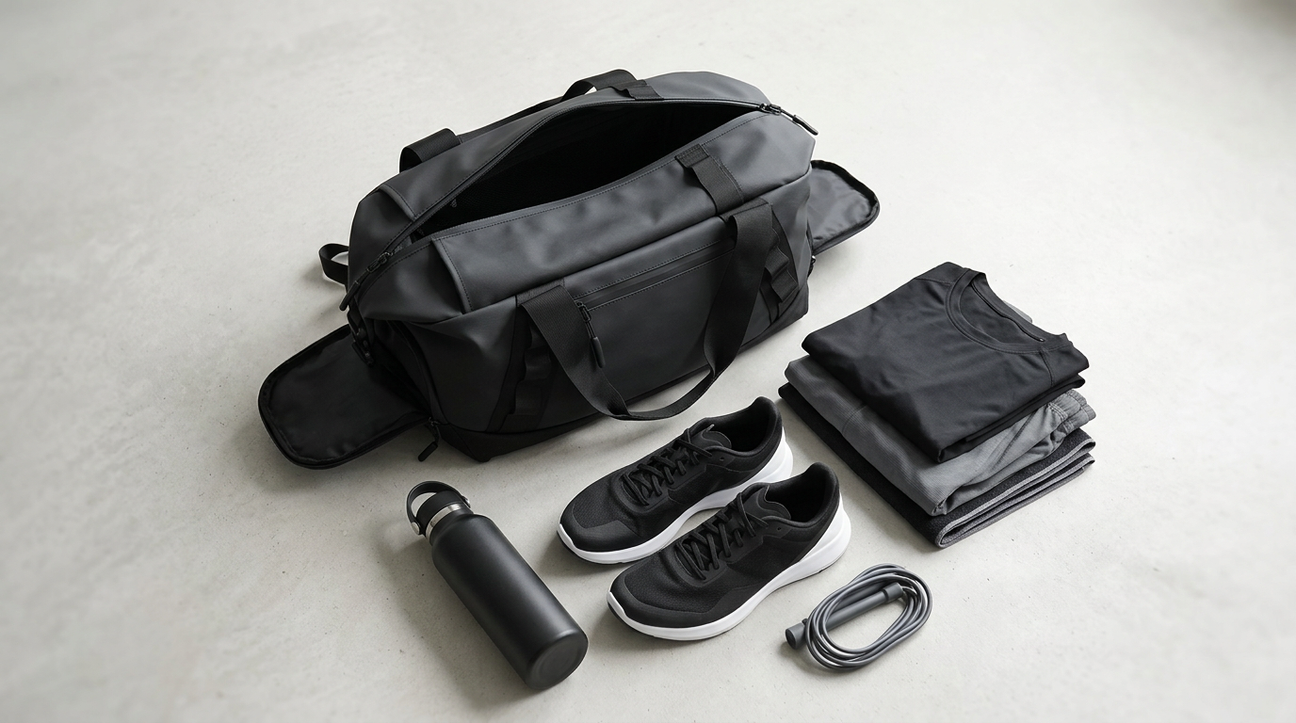 NooMii 2-in-1 gym bag open with gym kit laid out