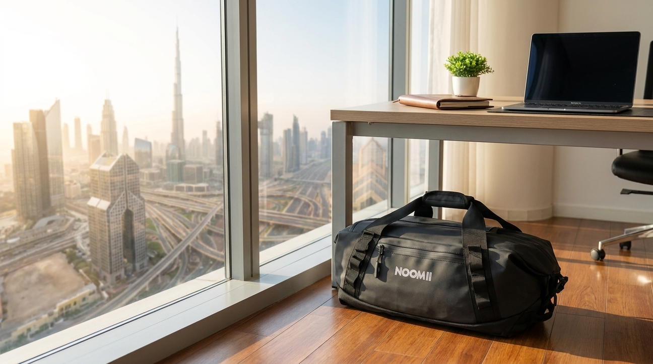 NooMii 2-in-1 gym bag beside a Dubai office desk