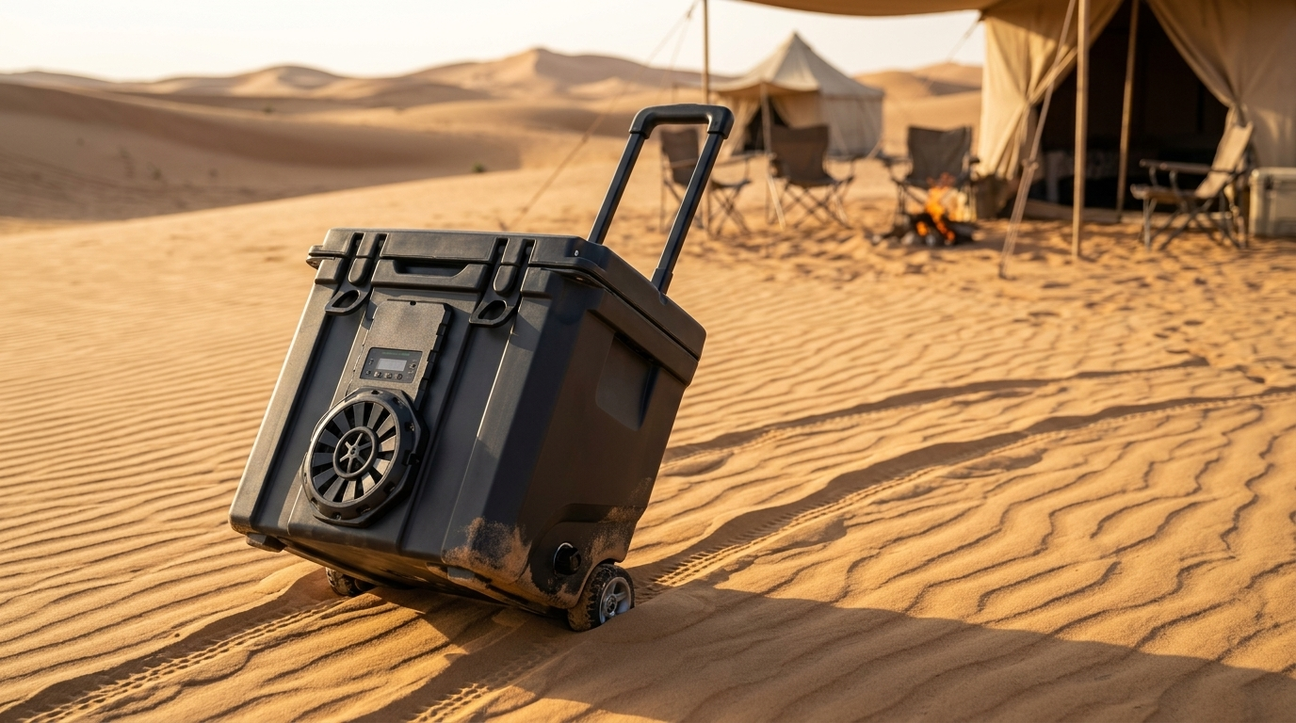 NooMii BeatRoller 35 wheeled cooler on desert sand