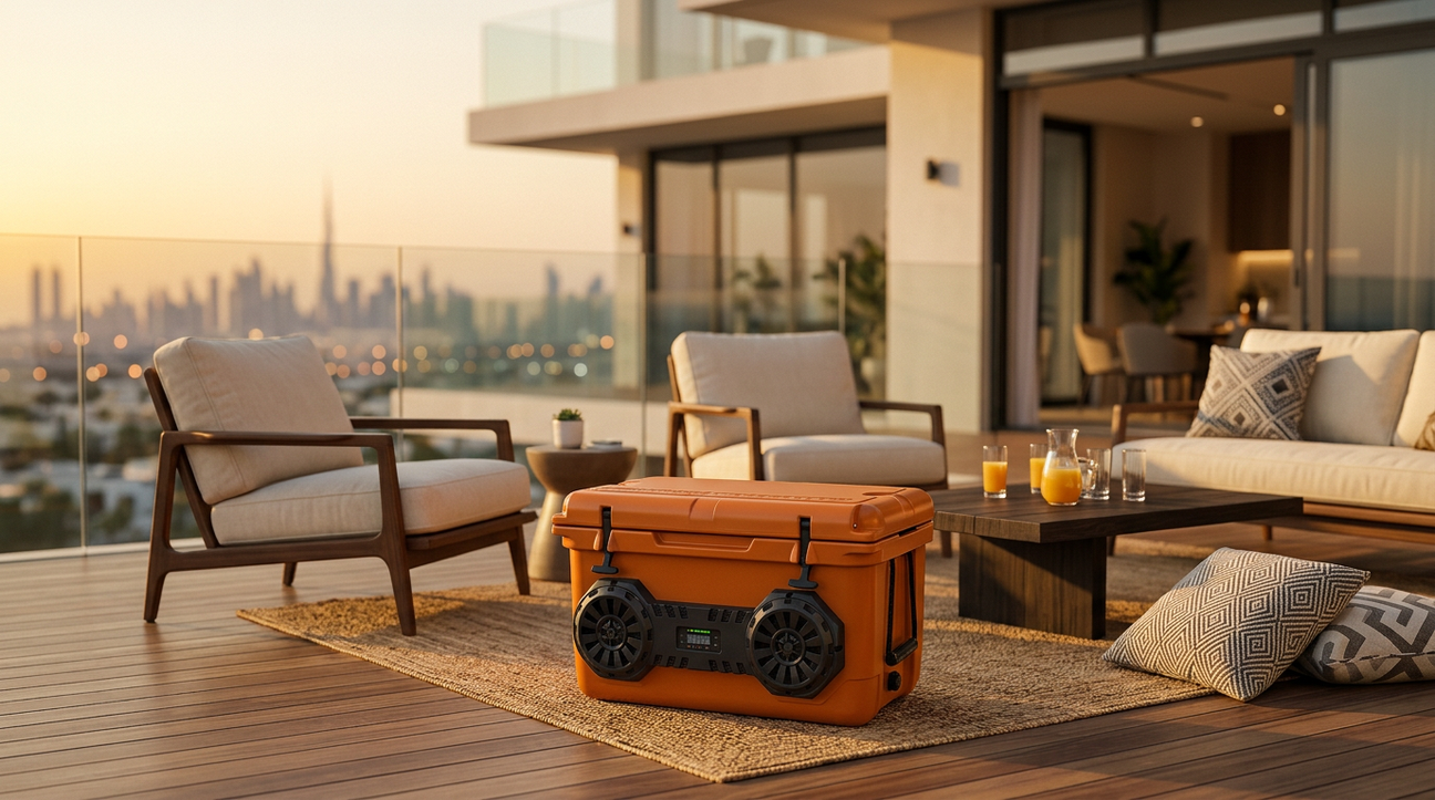 NooMii ArcticBeat 45 cooler on a Dubai villa terrace at sunset