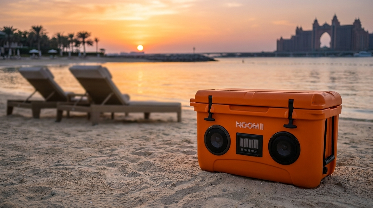 NooMii ColdBeats 45 cooler on a UAE beach at sunset
