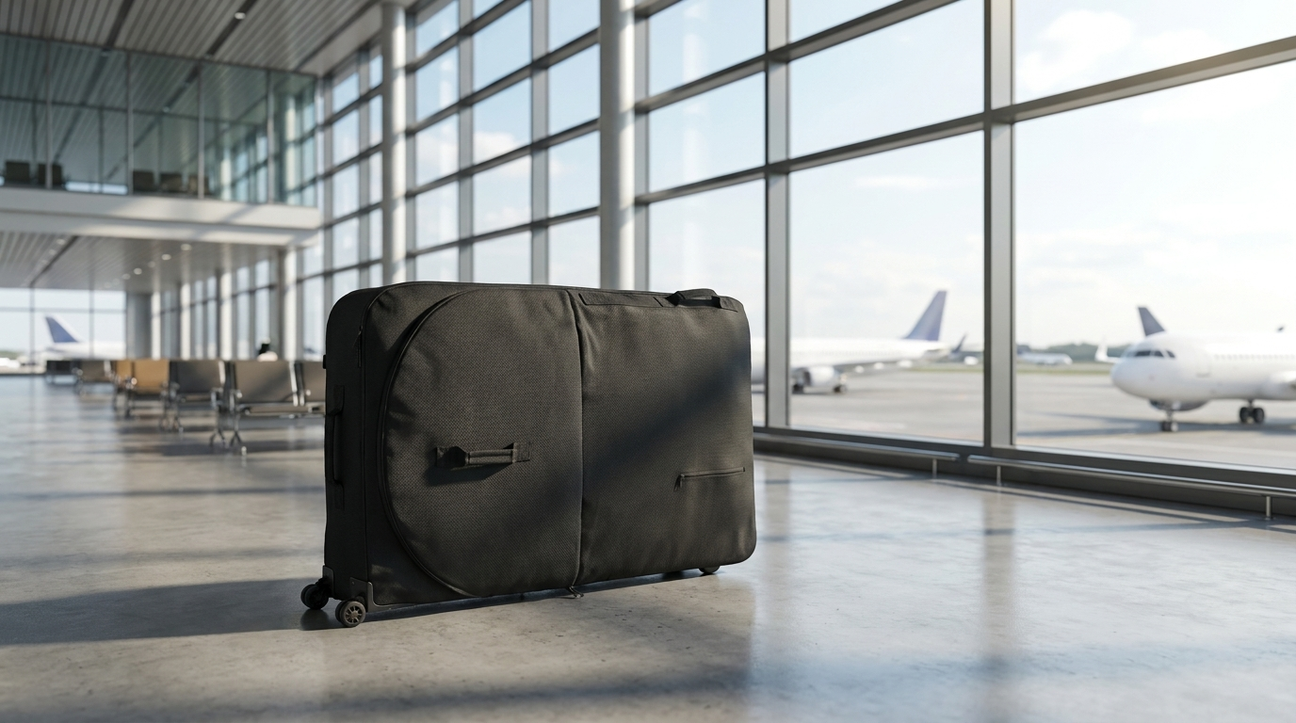 NooMii wheeled bike travel bag in an airport terminal
