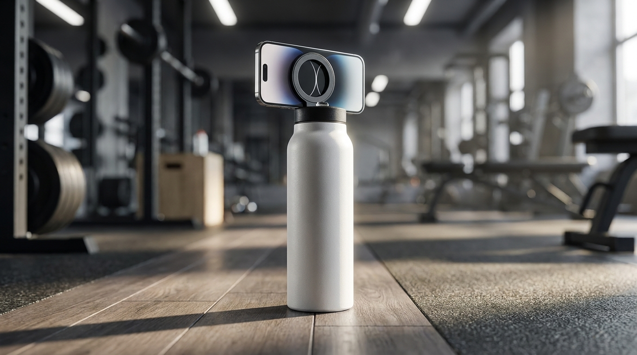 NooMii 800ml insulated bottle with phone holder in a gym