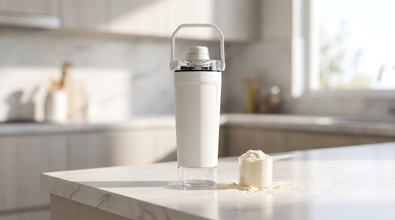 NooMii ProShake 600 insulated shaker on a kitchen counter