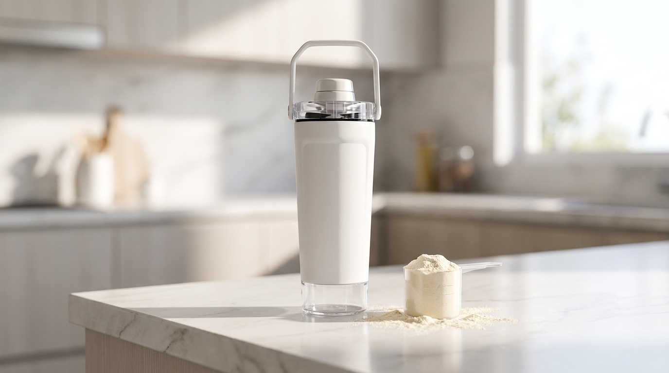 NooMii ProShake 600 insulated shaker on a kitchen counter