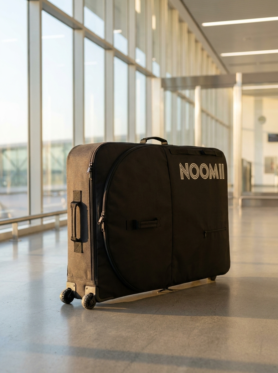 NooMii wheeled bike travel bag in a bright modern airport terminal