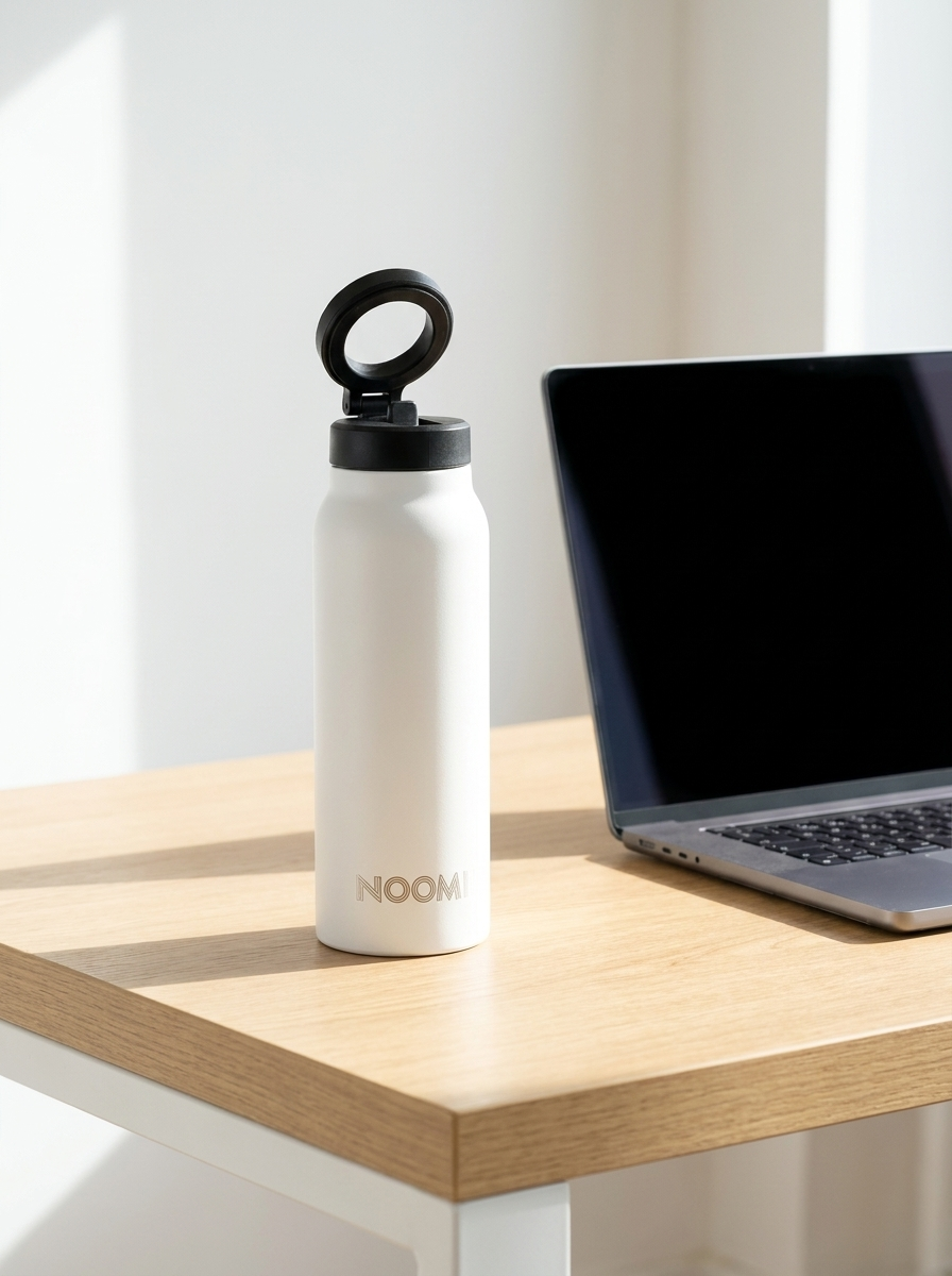 NooMii insulated bottle with phone holder on a modern office desk