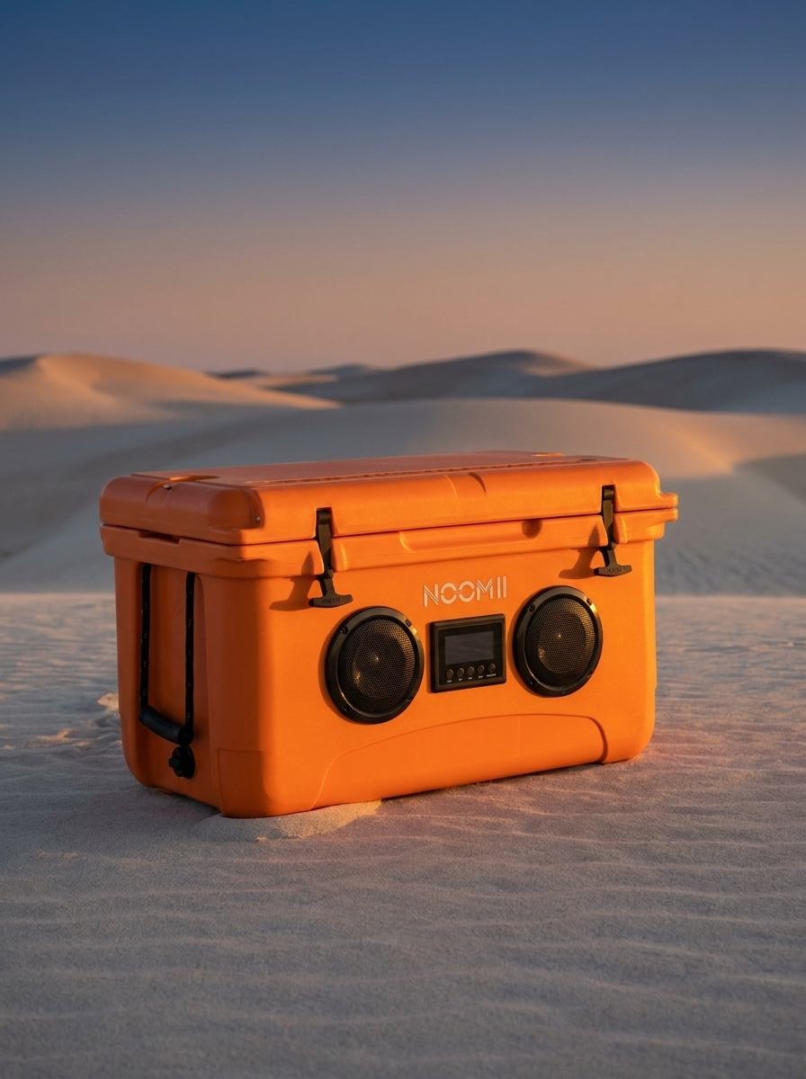NooMii ColdBeats 65 cooler with Bluetooth speaker on desert sand at golden hour