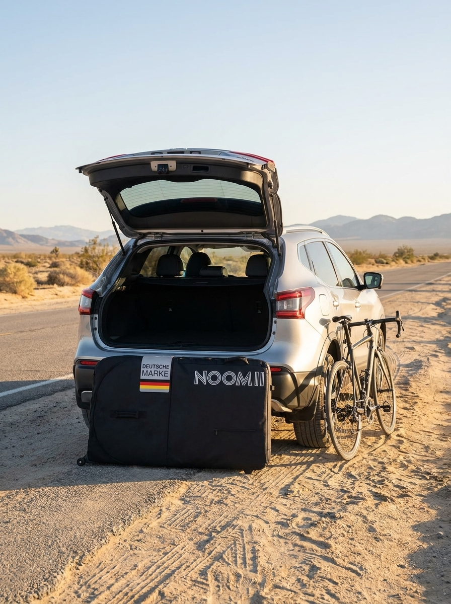 NooMii bike travel bag in an SUV trunk with a road bike at a desert cycling track