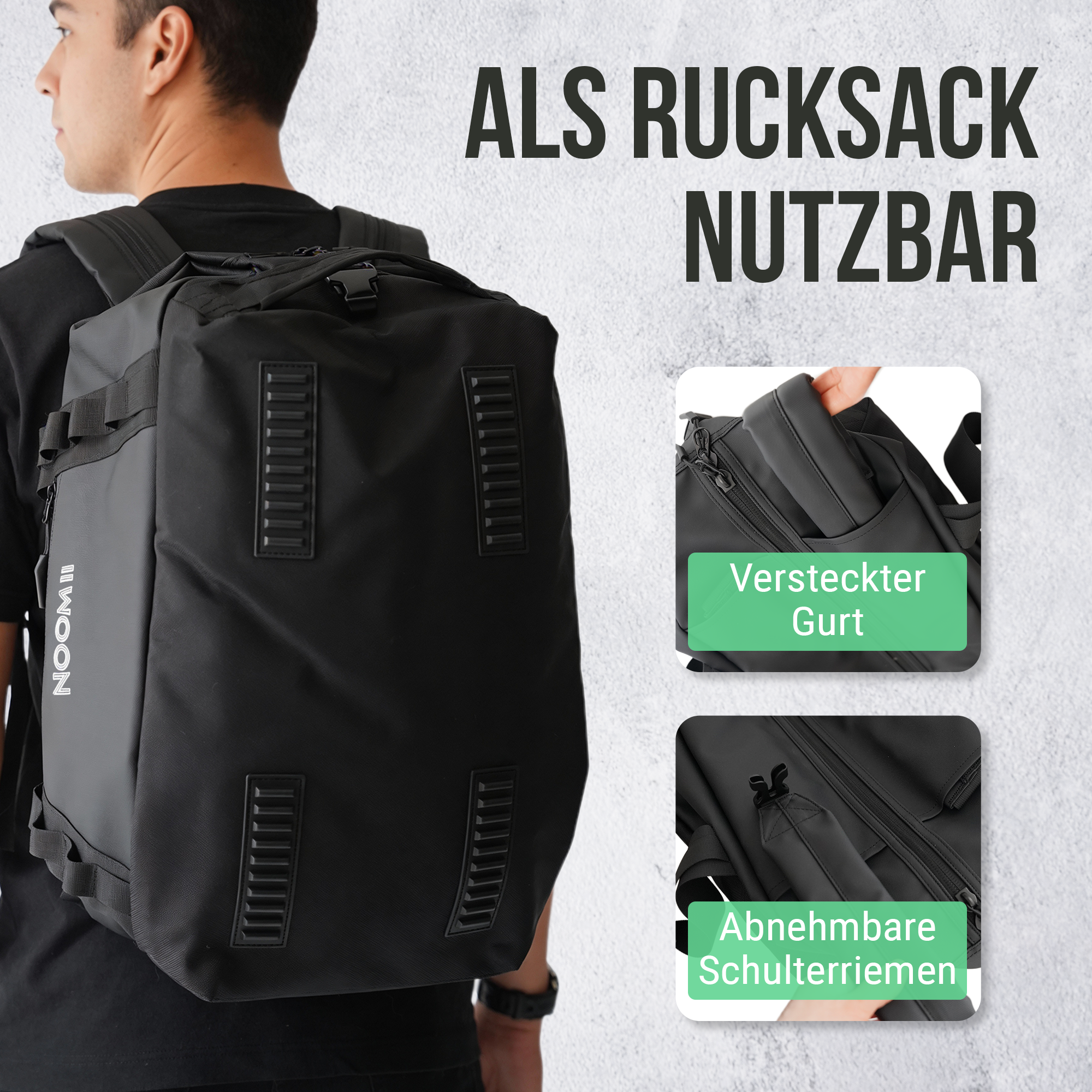 Adjustable backpack straps on the NooMii 2-in-1 gym bag