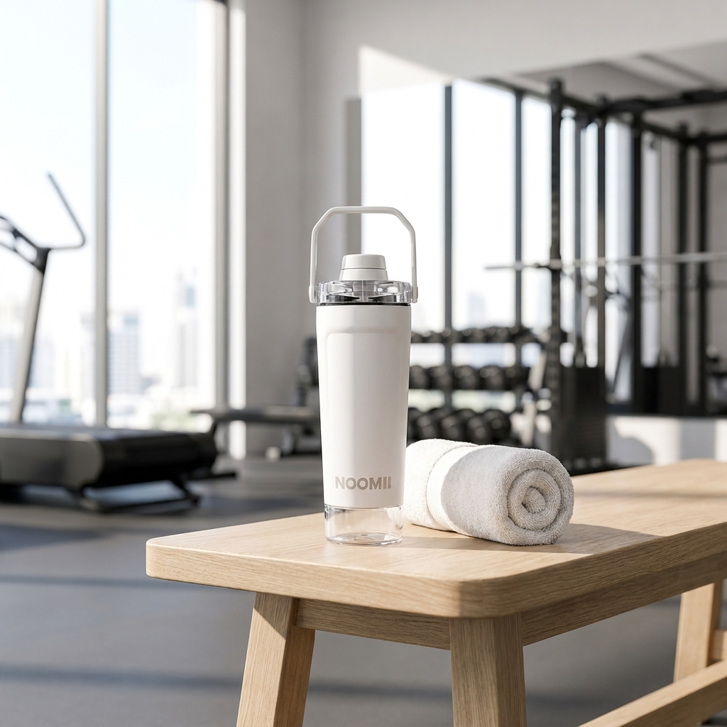 NooMii ProShake 600 on a bench in a bright modern UAE gym