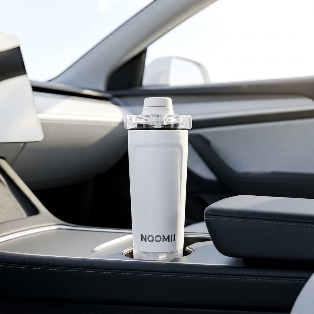 NooMii ProShake 600 in a car cup holder during a morning commute
