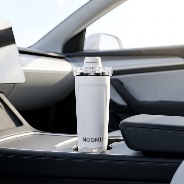 NooMii ProShake 600 in a car cup holder during a morning commute