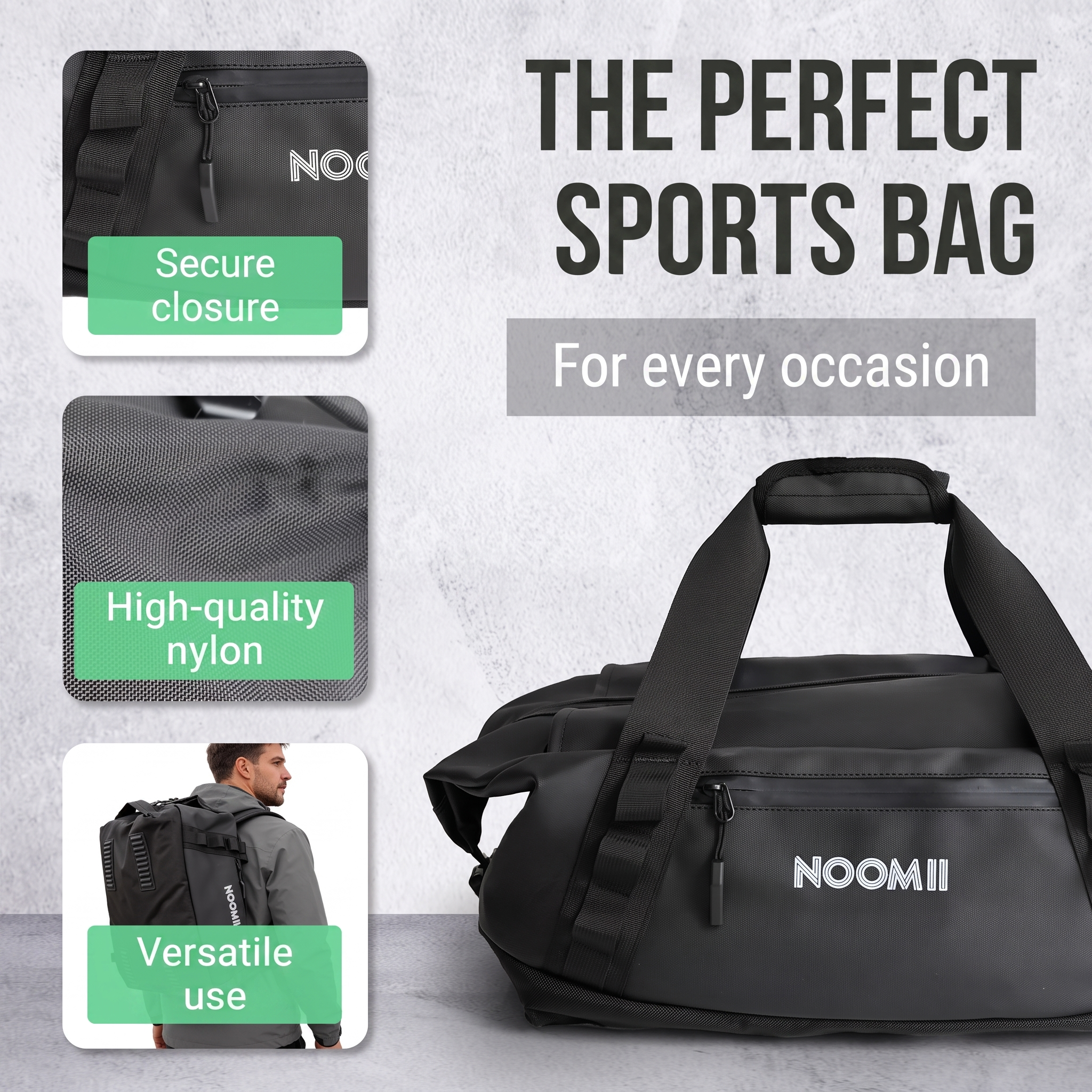 Front view of the NooMii 2-in-1 gym and travel bag