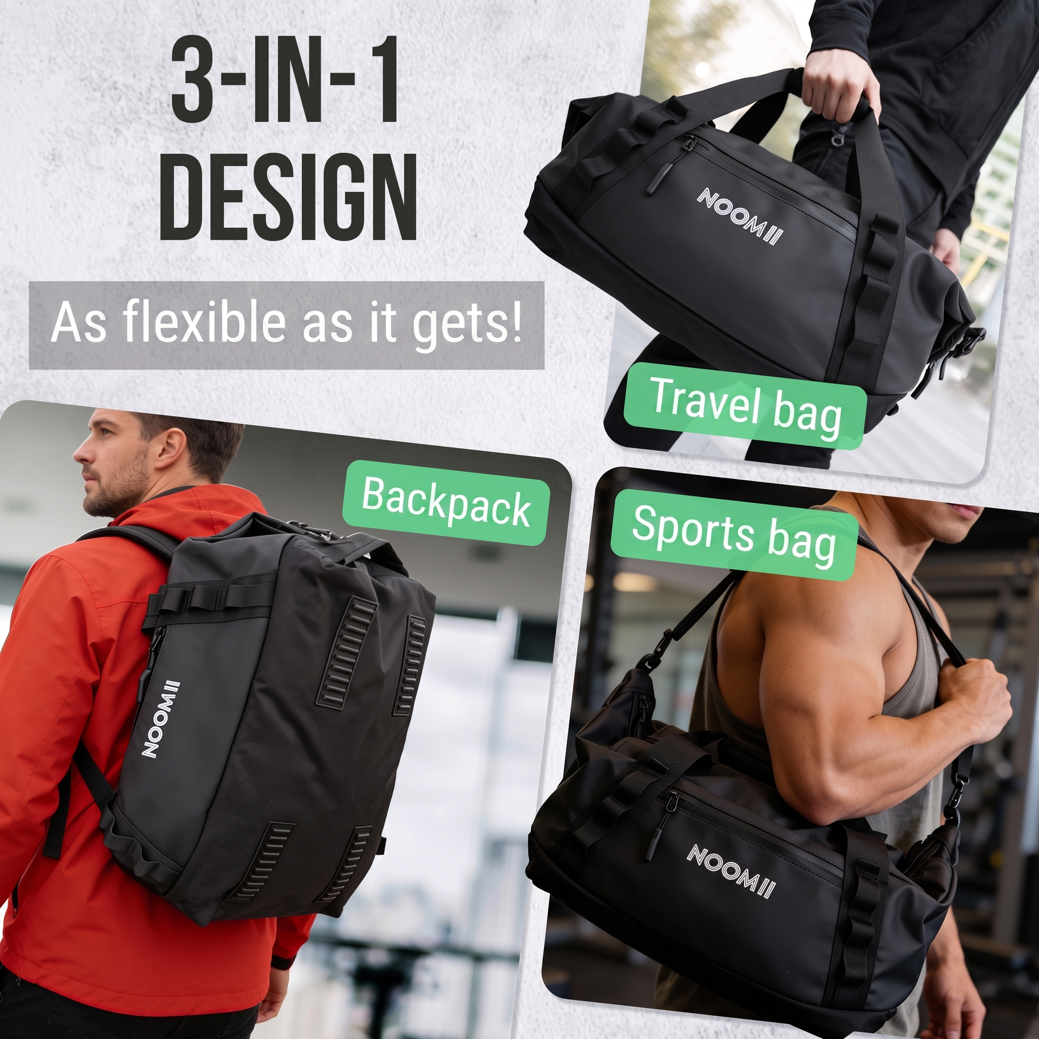 Separate wet compartment in the NooMii 2-in-1 gym bag