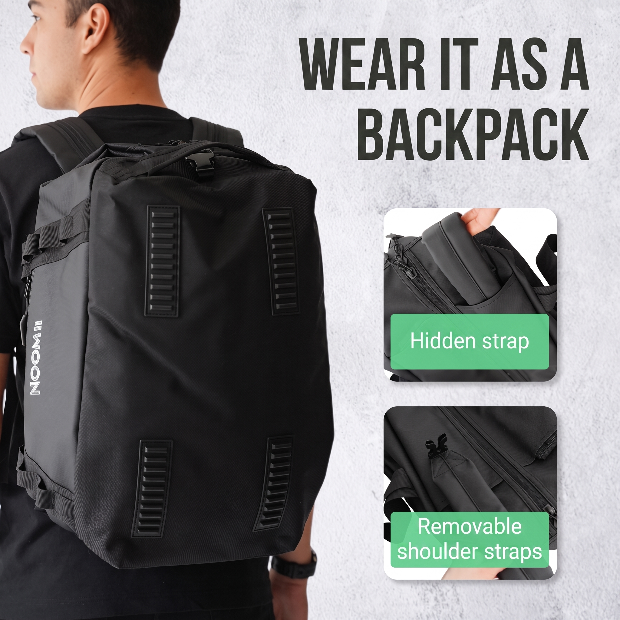 Adjustable backpack straps on the NooMii 2-in-1 gym bag