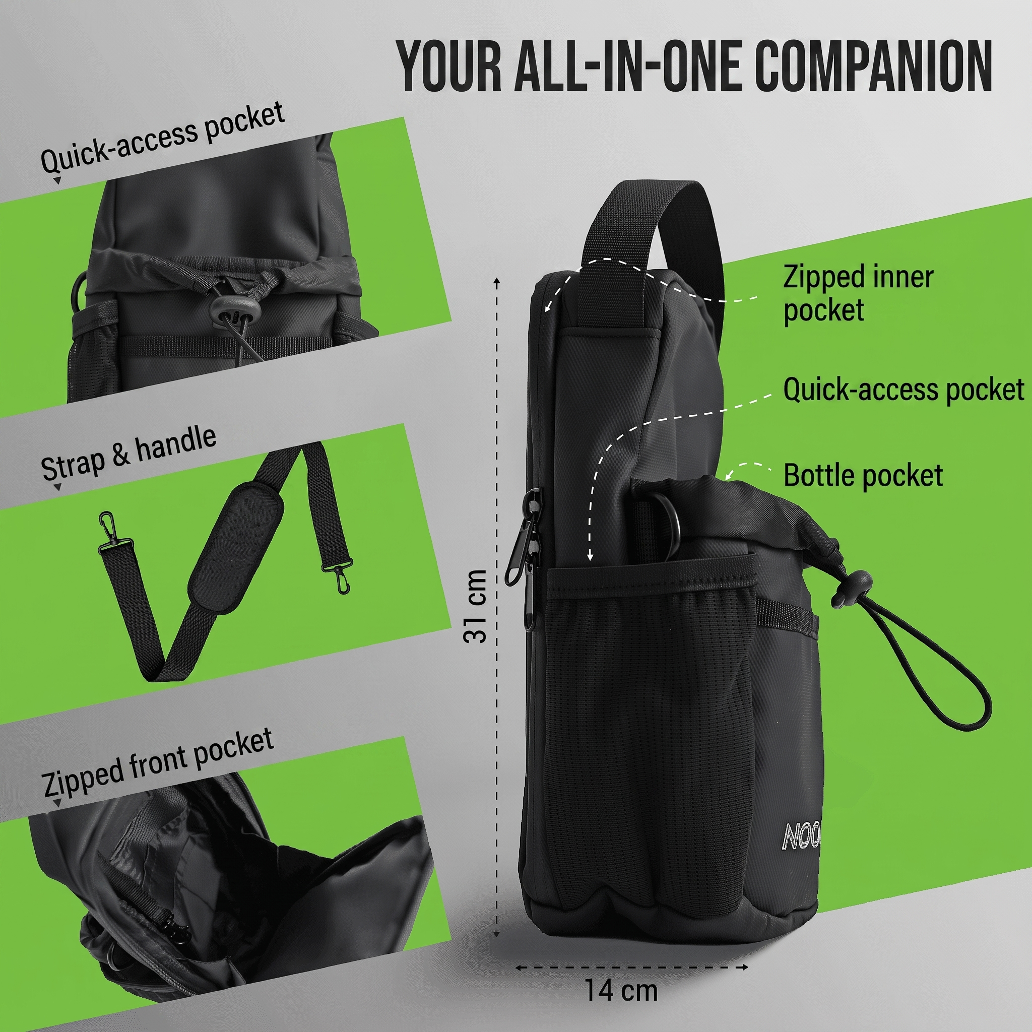 Storage compartments in the NooMii compact gym bag