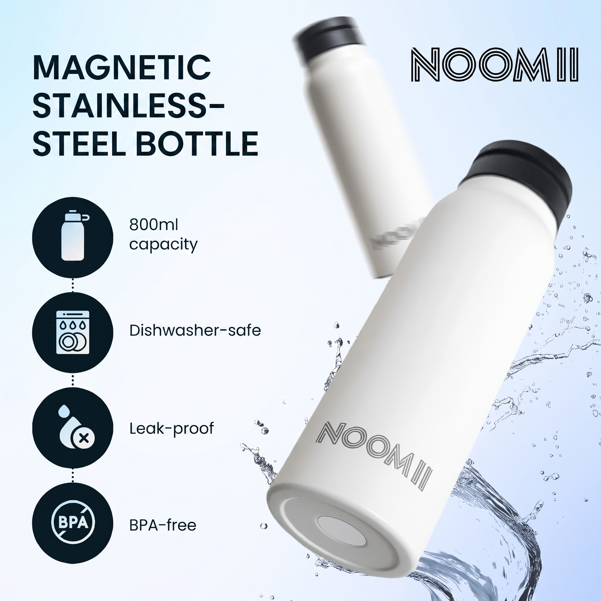 NooMii 800ml insulated bottle shown in multiple colours