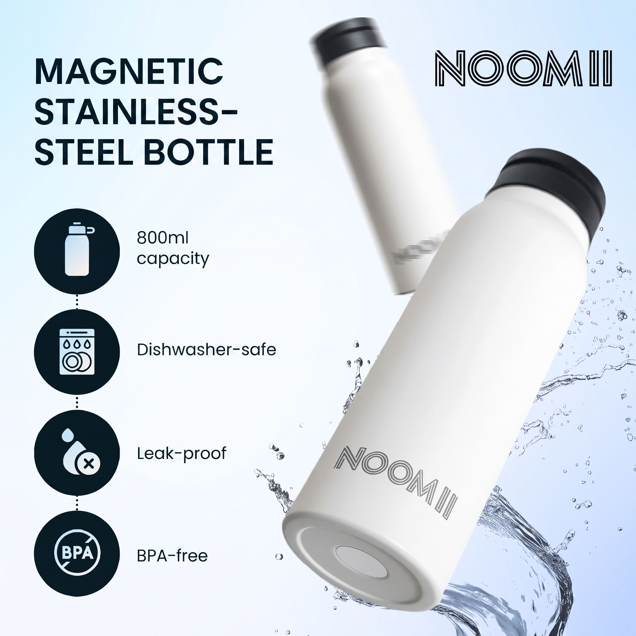 NooMii 800ml insulated bottle shown in multiple colours