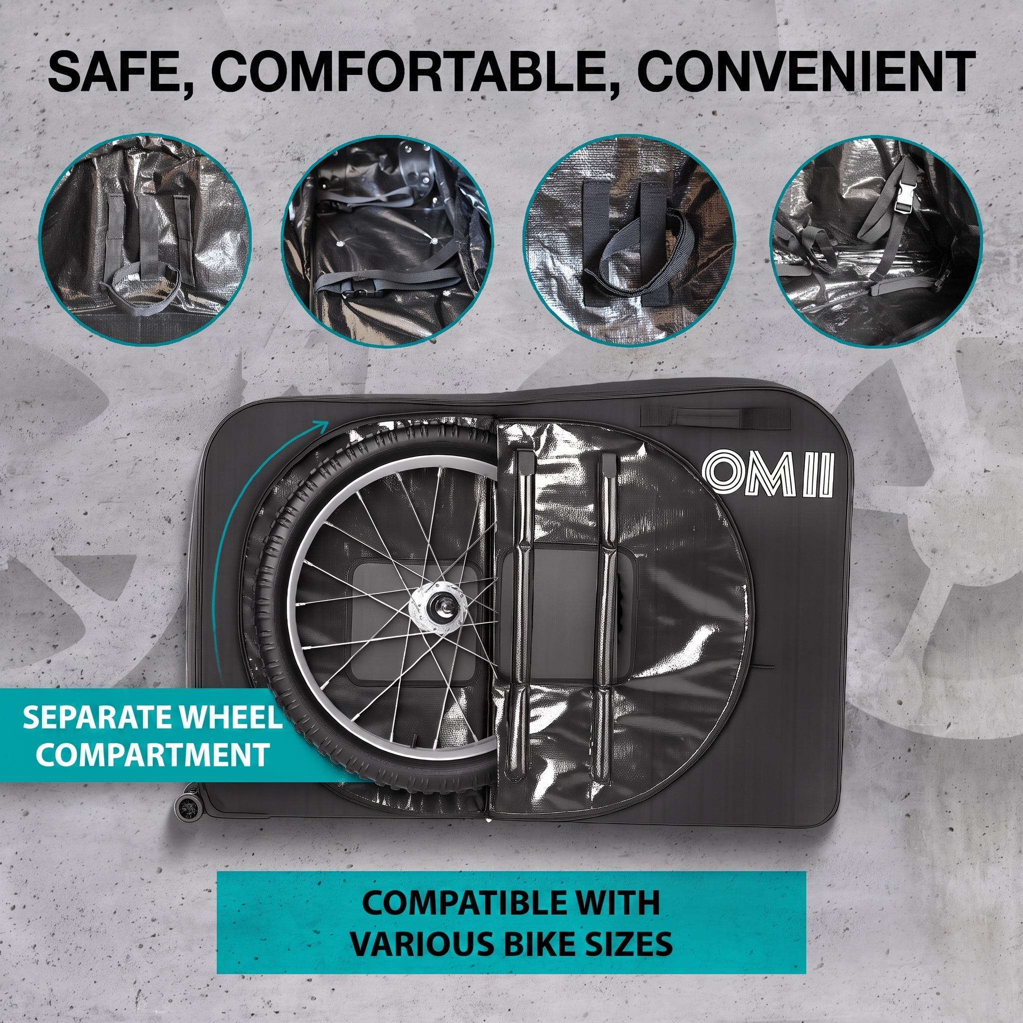 Pull handle and wheels on the NooMii bike travel bag