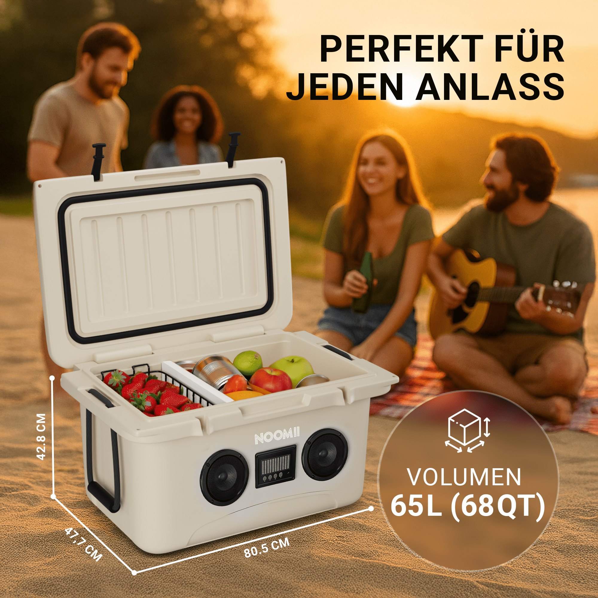 Side view of the NooMii ColdBeats 65 with handle and speaker