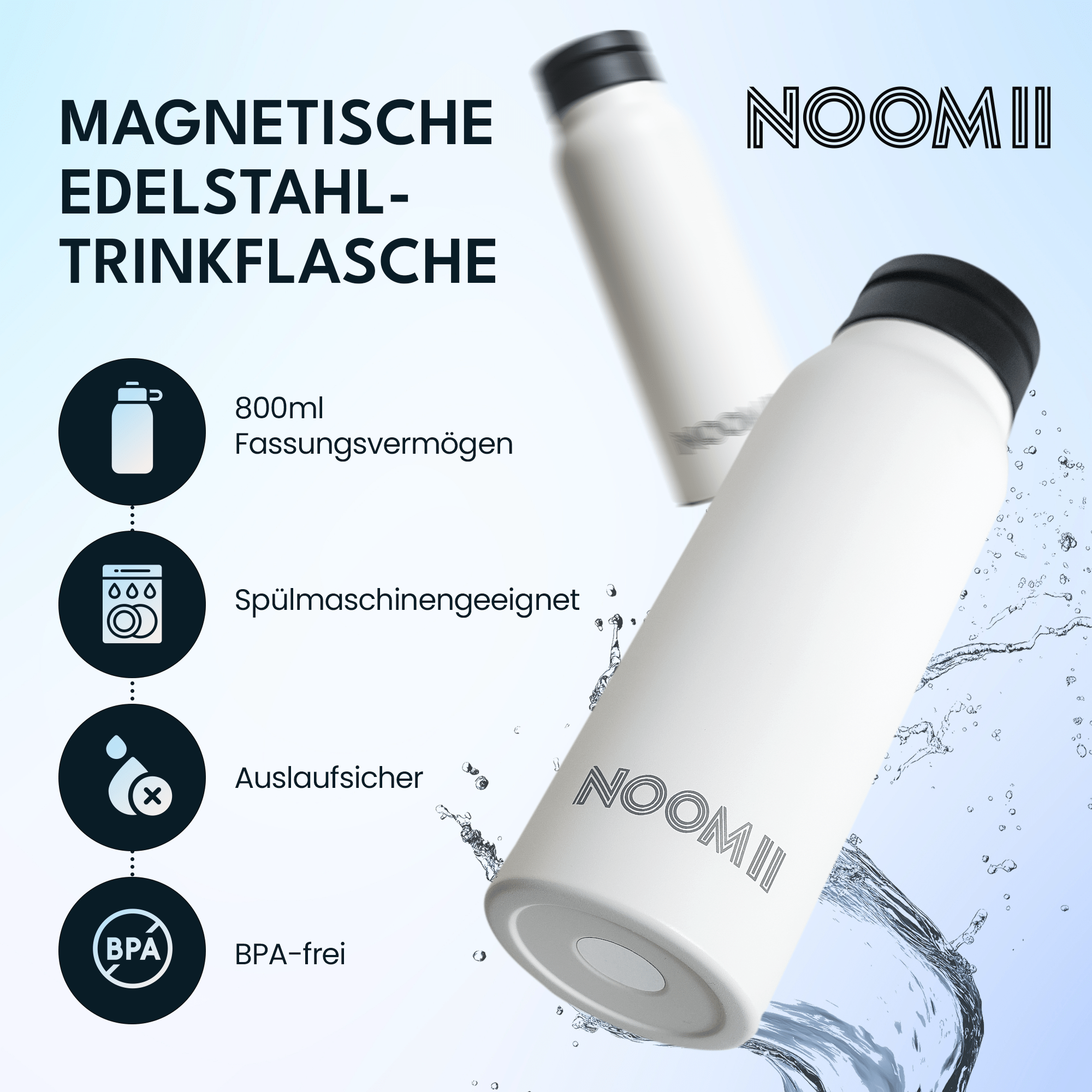 NooMii 800ml insulated bottle shown in multiple colours