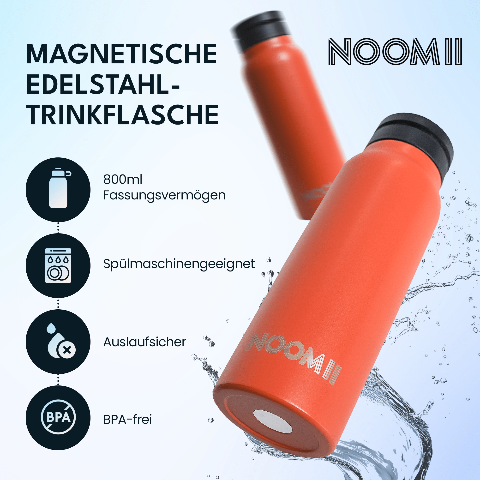 Magnetic lid detail on the NooMii 800ml bottle