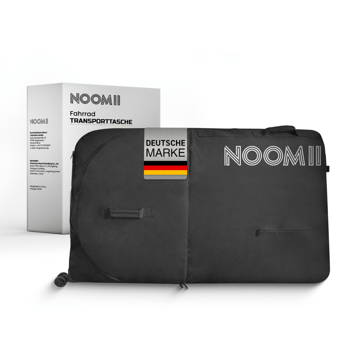 NooMii wheeled bike travel bag measuring 128 × 78 × 25 cm