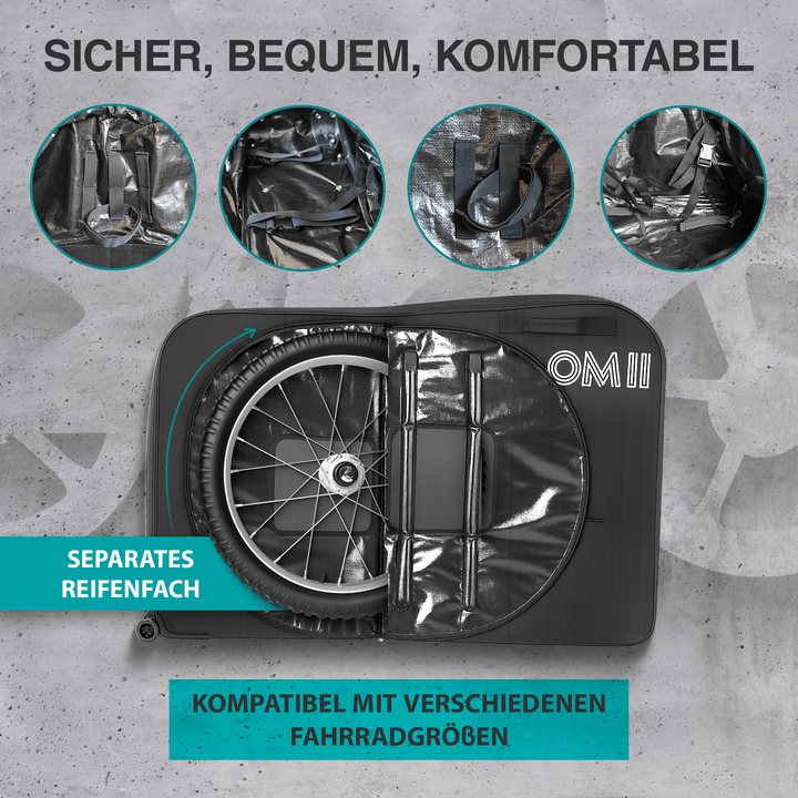 Pull handle and wheels on the NooMii bike travel bag